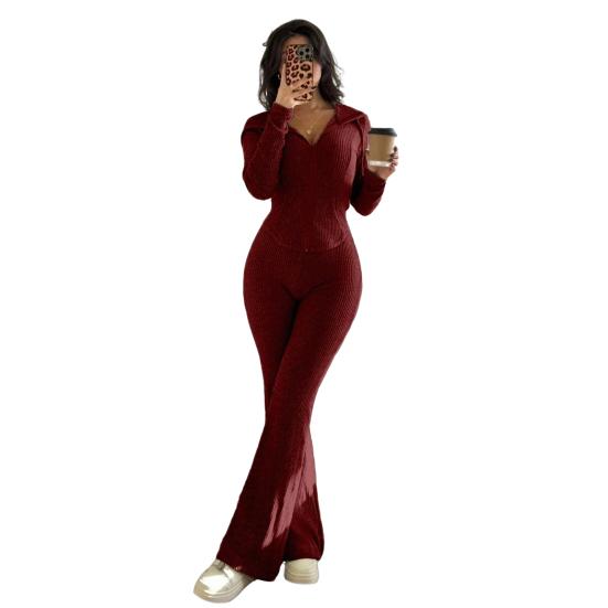 

Yousheng Women s 2 Piece Sweatsuits Zip Up Hoodies And Bell Bottom Pants Ribbed Knit Outfits Sexy Bodycon Workout Tracksuits S вино красного