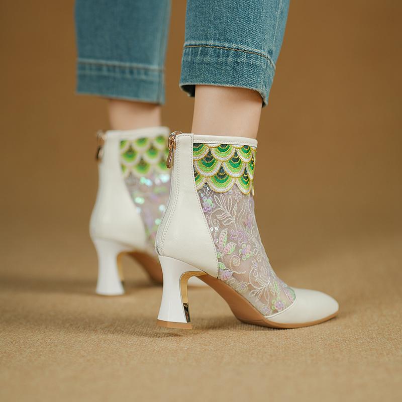 Krazing Pot Cow Skin Pointed Toe Summer Boots Fashion Air Mesh Bling Patch Appliques High Heels Embroidery Ankle Boots