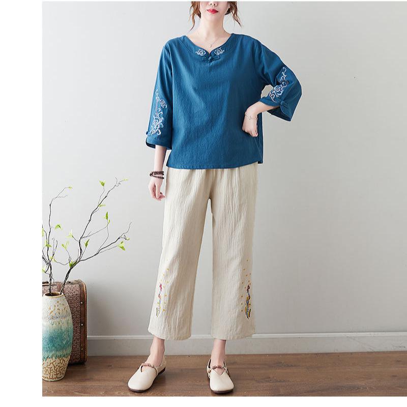 Women's Retro Chinese Buttoned Embroidered Shirt, Cotton-Linen, Loose Fit, Three-Quarter Sleeves