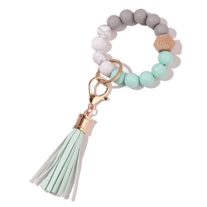 Stock Silicone Beads Elastic Bangle Bracelet Keychain Leather Tassel Silicone Beads Bracelet Wristlet Keychain for Women