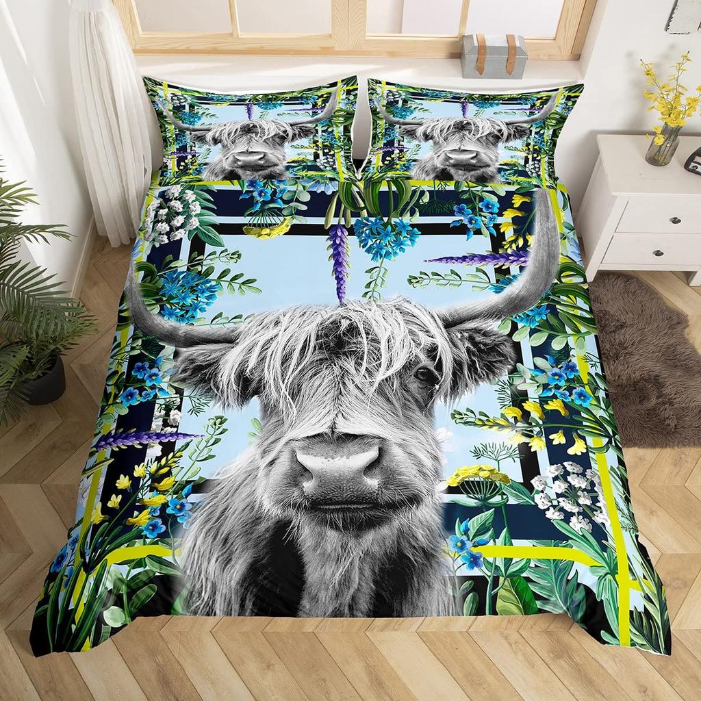 Kuh Bettbezug Set Twin King Size Bauernhoftier Bettwäsche Set Grüner Rankenblätter Druck Bettdeckenbezug Rustikale Holzbrett Steppdecke