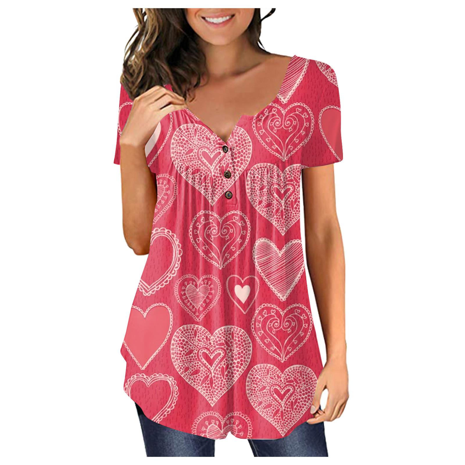 

Women s Fashion Print Loose Casual Short Sleeve V-Neck Live Button Top XXXXL рожевий