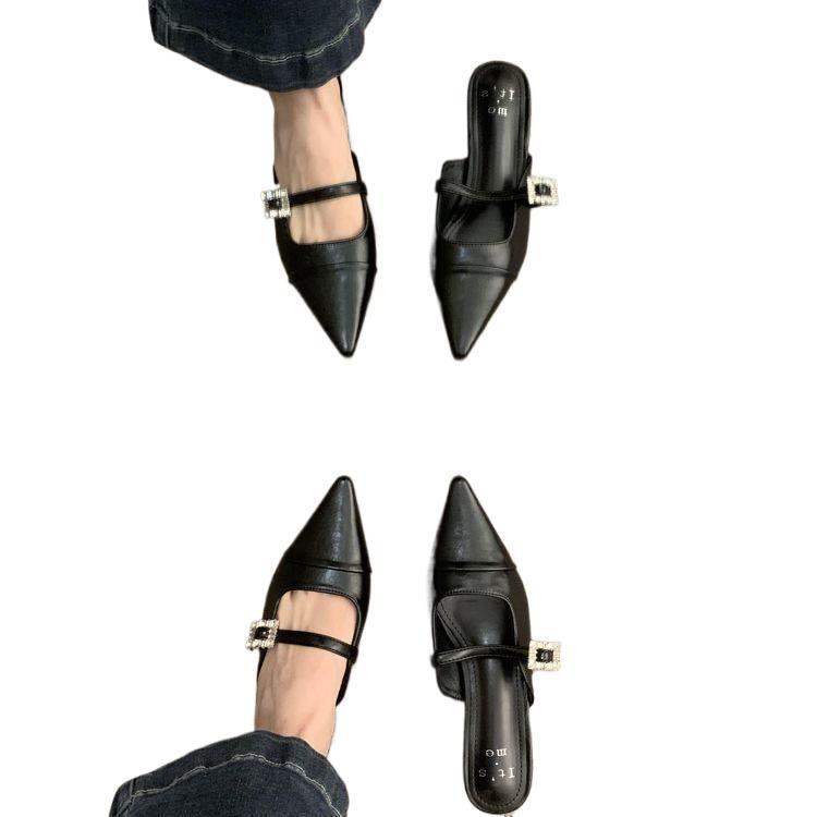 2025 spring and autumn new thick heel bag head half slippers outer wear women's shoes one pedal pointed Mary Jane silver shoes