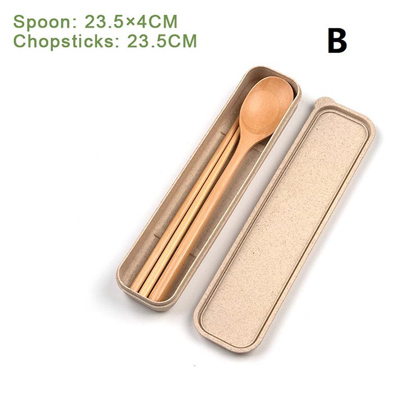 1 Set Handmade Natural Wooden Dinner Kit with Spoon Fork Chopsticks - Kitchen Accessories Storage Box