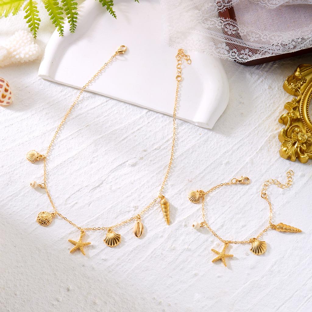 Boho Blue Starfish Shell Pendant Necklace Bracelet Set for Women Fashion Imitation Pearl Conch Scallop Choker Beach Jewelry