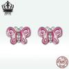 Aifle Sterling Silver S925 Pink Butterfly Earrings with Platinum-Plated Oil-Drop Design