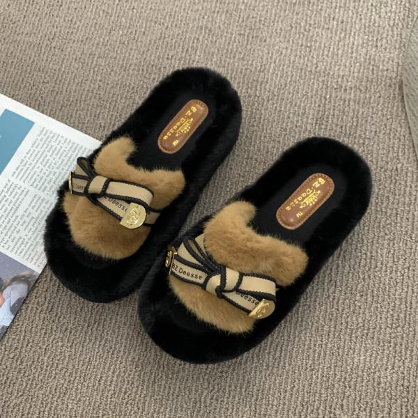 Fashion Shoes Home Slippers Women's Platform Winter Footwear Pantofle Fur Flip Flops Slides Beige Heeled Sandals Massage 2025 Plush