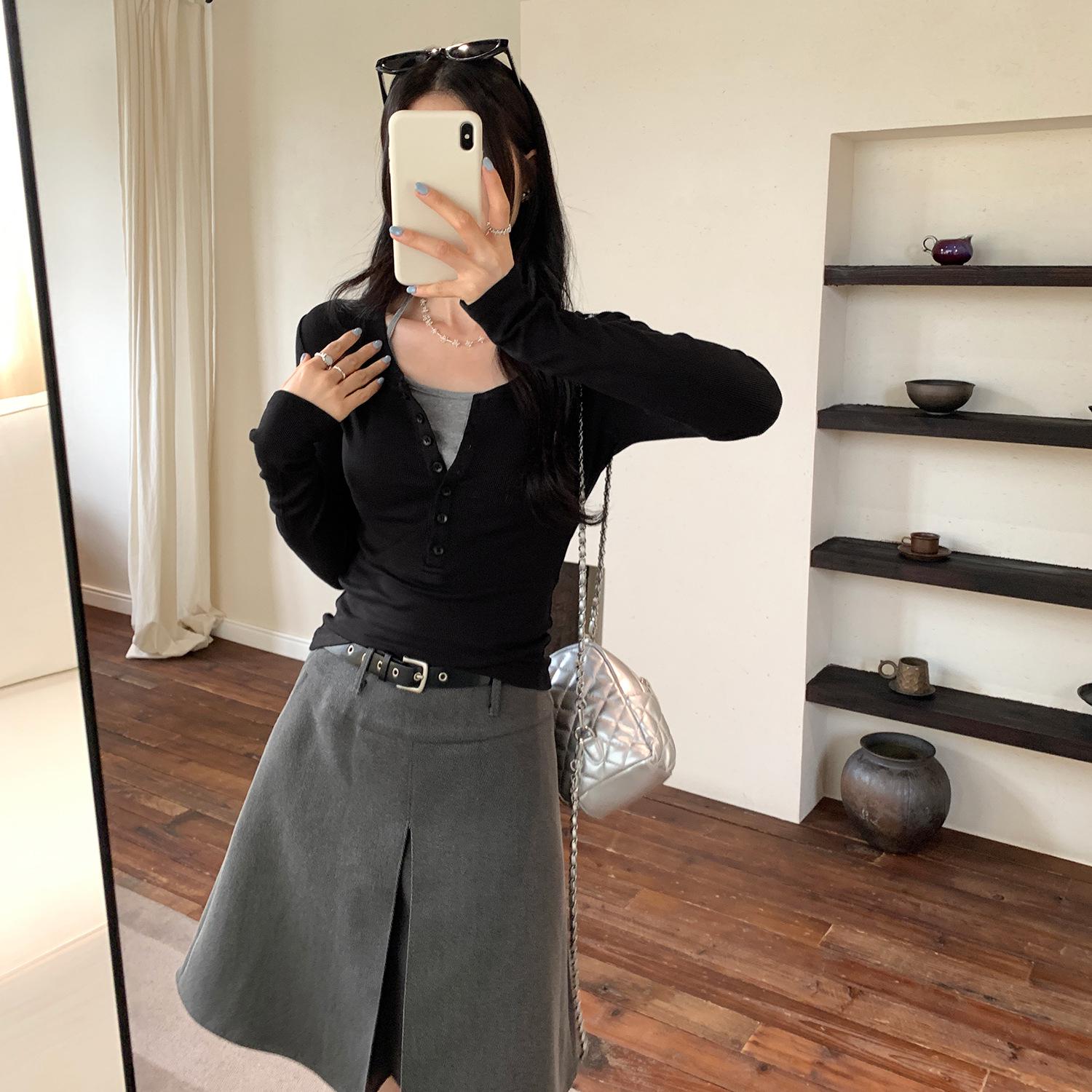 Women s Autumn/Winter Slim-Fit Semi-Open Collar Long-Sleeve Base Shirt Small чёрный