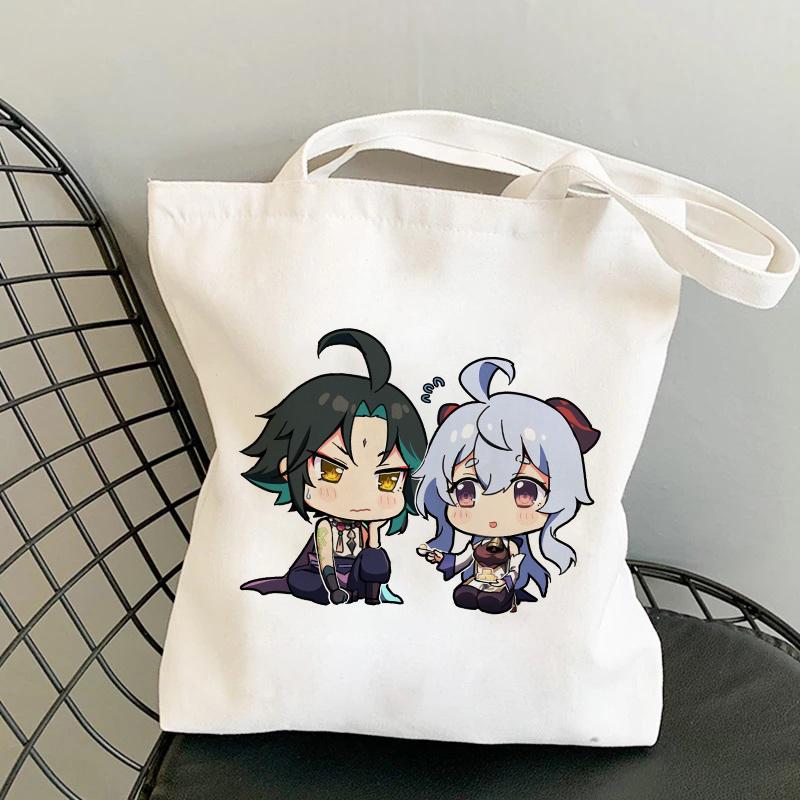 Shopper Genshin Impact Qiqi Anime Shopping Bag Harajuku Canvas Bag Large Capacity Collapsible Kawaii Women Shoulder Bag Handbag