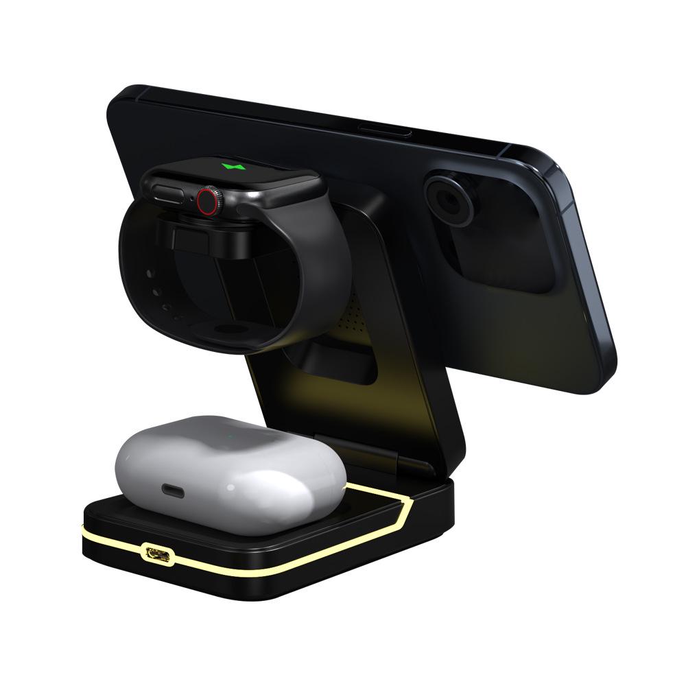 15W 3-in-1 Magnetic Wireless Charger Stand for Phone, Watch, Earbuds – Fast Charging, Portable, Foldable Desk Accessory