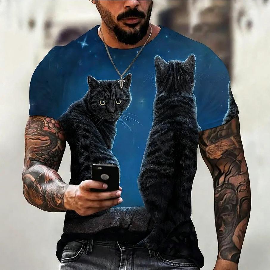 Summer Round Neck Animal Cat Pattern 3D Print Top Fashionable Casual Short Sleeved Men's T-shirts
