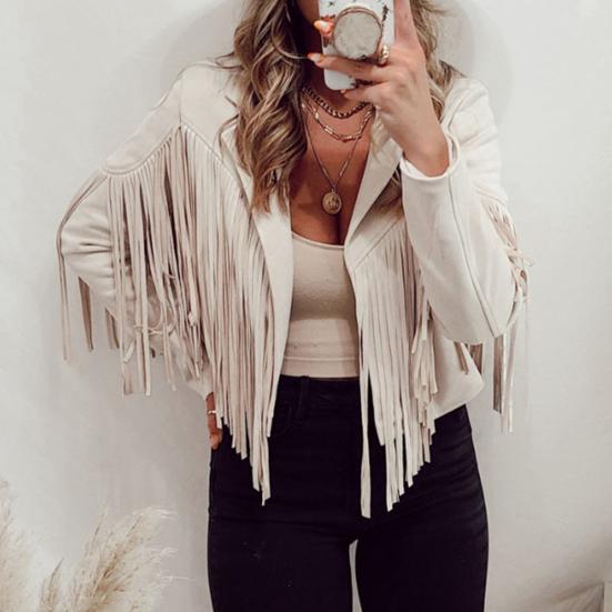 Women's Casual Tassel Jacket Long Sleeve Lapel Fringed Cropped Coat Faux Suede Motorcycle Outwear for Spring Autumn