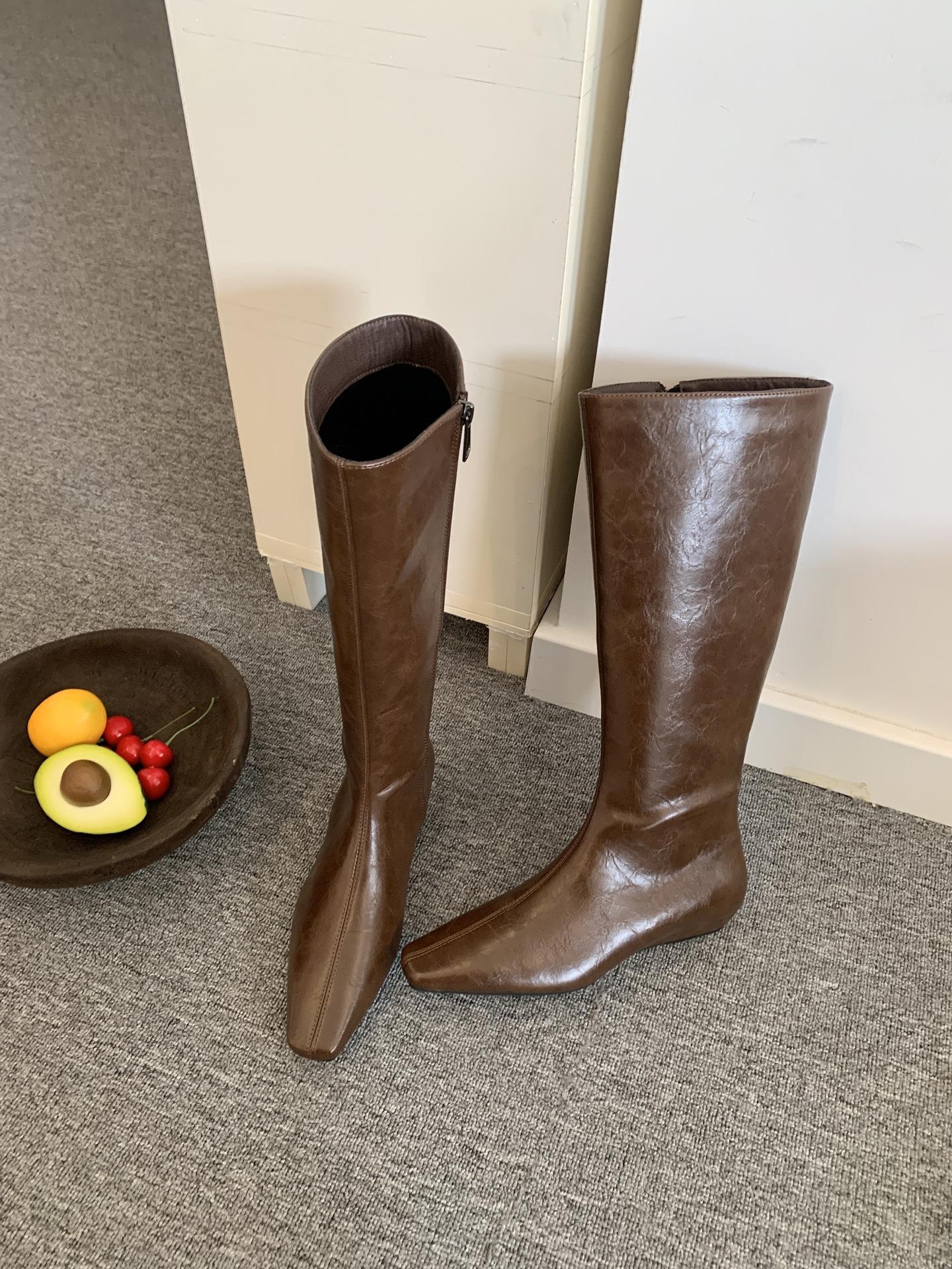 

European and American square head soft leather personalized knight boots 2025 autumn and winter niche thin boots but knee small slope heel fashion boo 39 коричневий