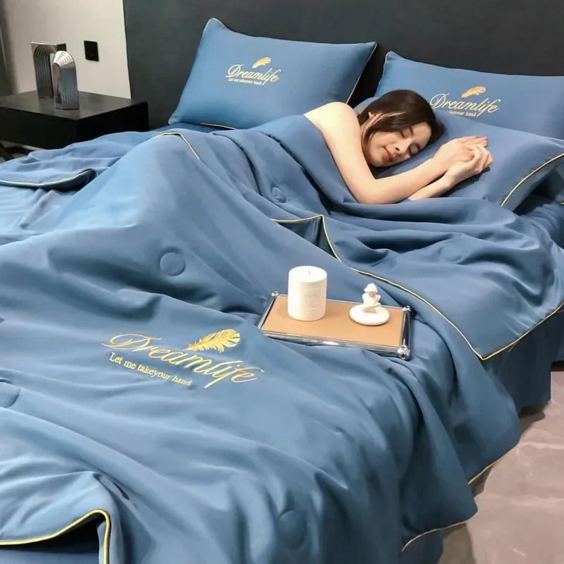 Luxus Stickerei Sommer Dünnes Quilt Set Seidig Atmungsaktiv Queen Quilts Klimatisierte Bettdecke Bettwäsche Set Sommerdecke