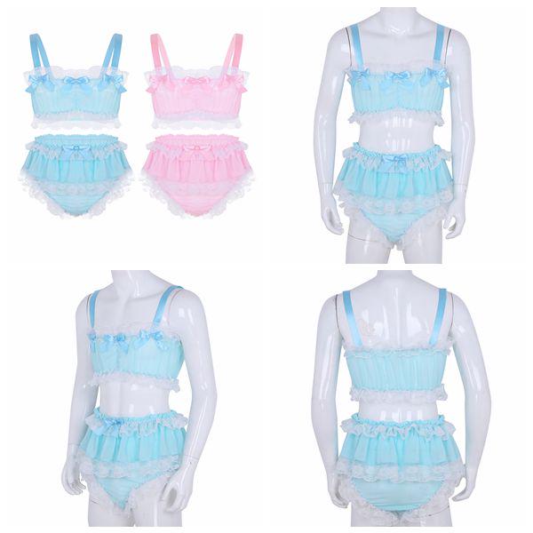 ranrann Mens 2 Pcs Shiny Ruffled Sissy Nightwear Pajamas Set Crop Bra Top with Skirted Panties