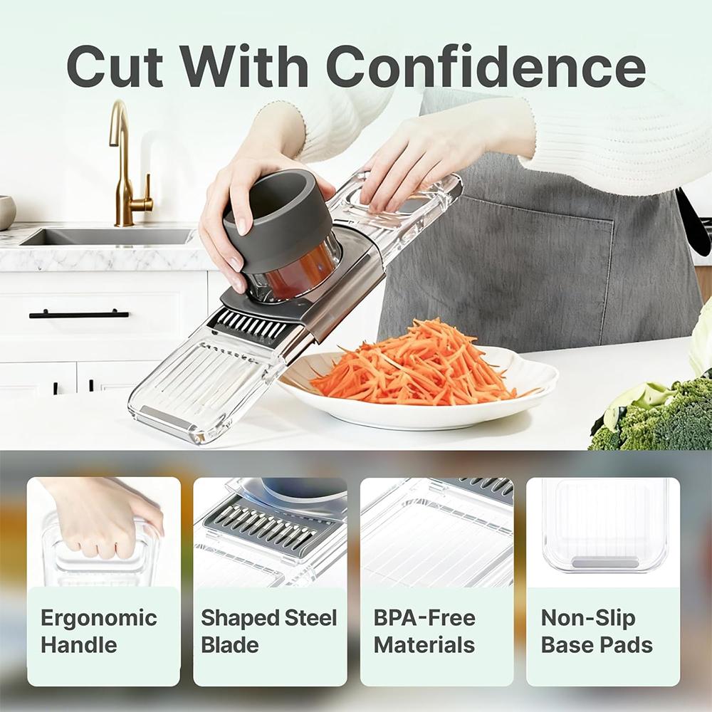 LMETJMA 6 in 1 Multifunctional Mandoline Slicer Handheld Vegetable Cutter with Hand Guard Kitchen Onion Carrot Slicer Cutter