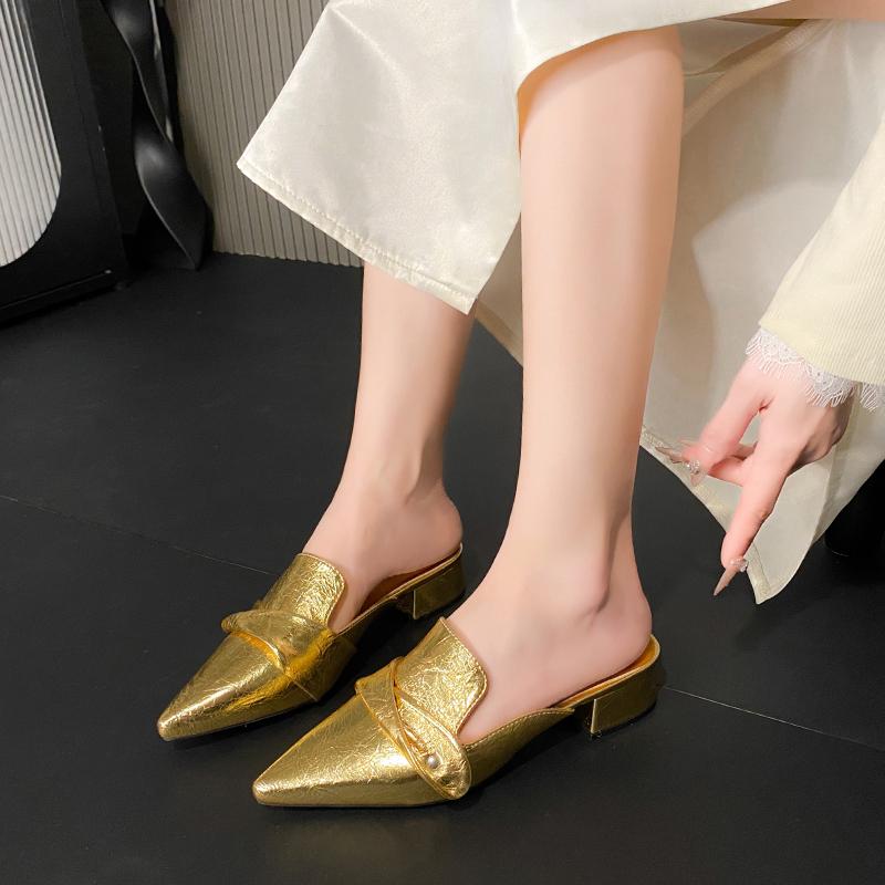 Fashion Fashionable New Block Heel Pointed Toe Slip-on Slippers for Women in Summer with Skirt Non-slip Wrapped Head Half Drag