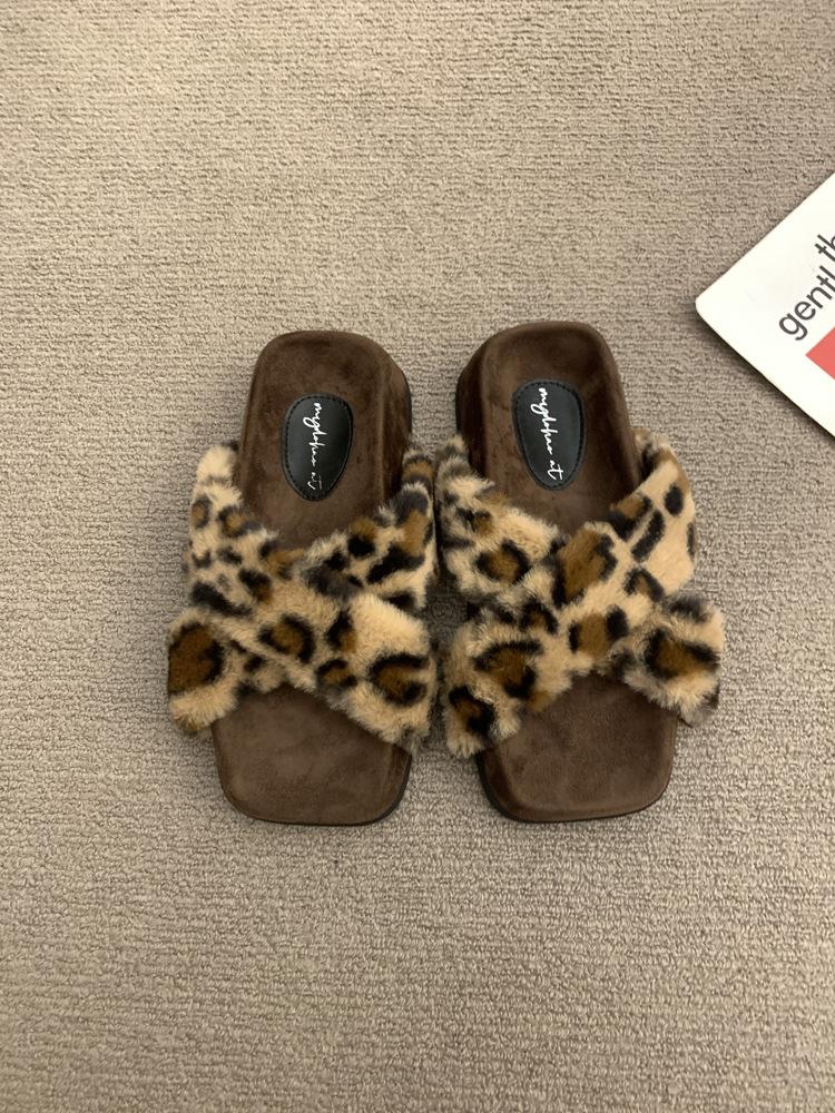 Retro cross Mao Mao outer slippers spring and summer casual versatile gentle leopard print thick-soled Mao Mao shoes cotton drag women's shoes