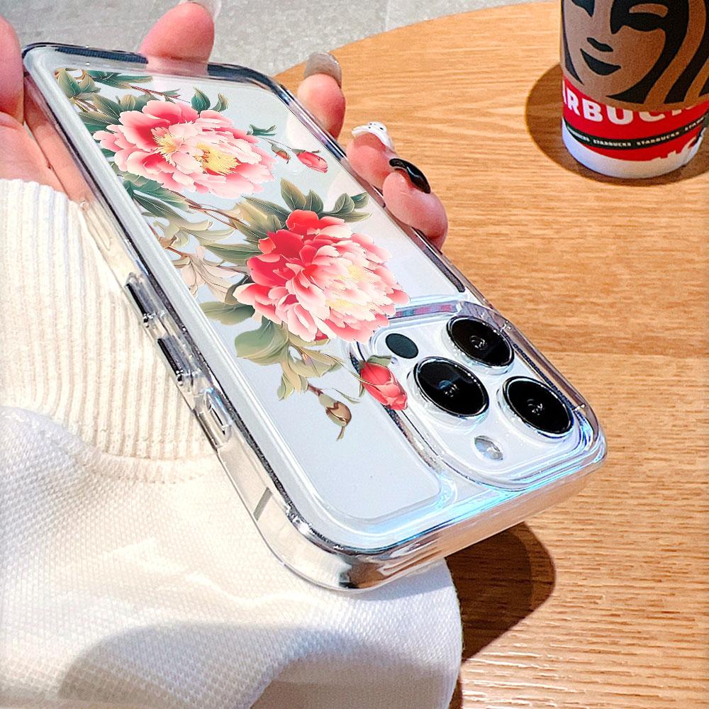 Pink Peony Flowers lucency Phone Case for IPhone 14 15 16 13 12 11 17 Pro Max 12 13 Mini Soft Cover