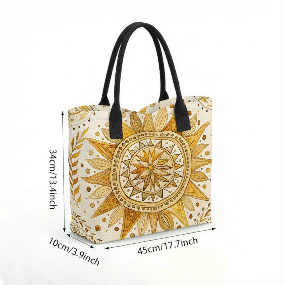  Boho Sun Print Tote Bag Large Capacity Casual Canvas Shoulder Bag for Daily Use