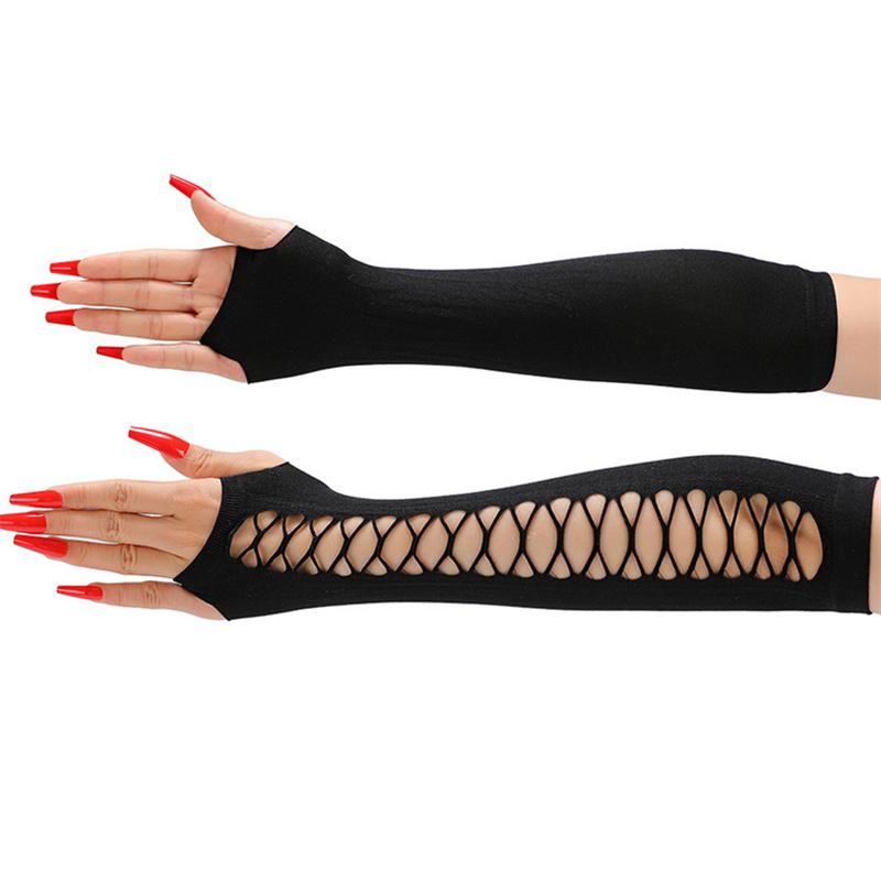 Vintage Party Cosplay Mesh Stretch Gloves Nightclub Dancing Half-Finger Fun Fishnet Mittens Women'S Long Broken Hole Arm Sleeve
