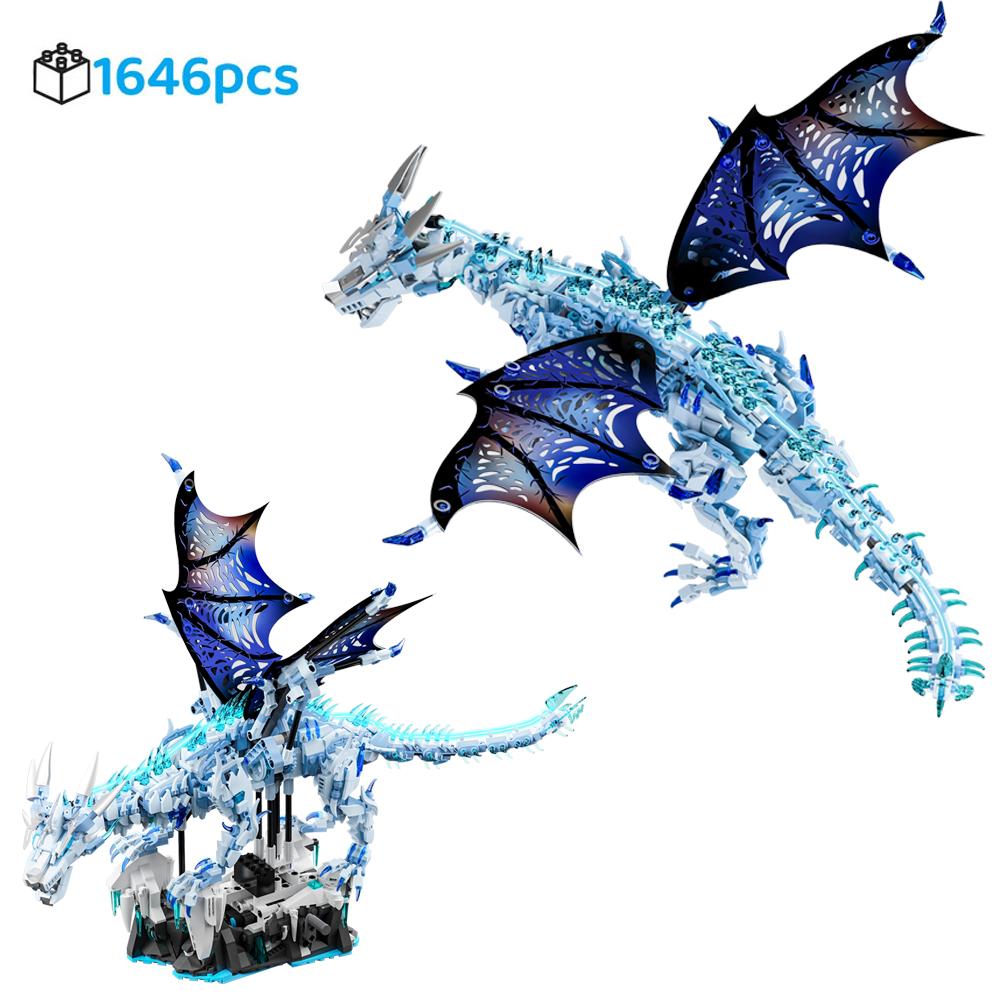 FUNXINEE 1676Pcs Premium Ice Dragon Bricks Advanced Building Challenge Light Glowing Eyes Moving Joints MOC Collectible Gift 1646pcs