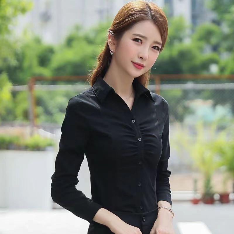 Women's Fashionable Blue Pleated Long Sleeve Shirt - Professional Workwear for Spring/Autumn