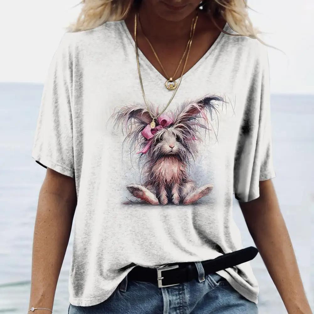 Ladies' V-neck T-shirt 3D Printed Animated Bunny Trendy Printed Short Sleeved T-shirt