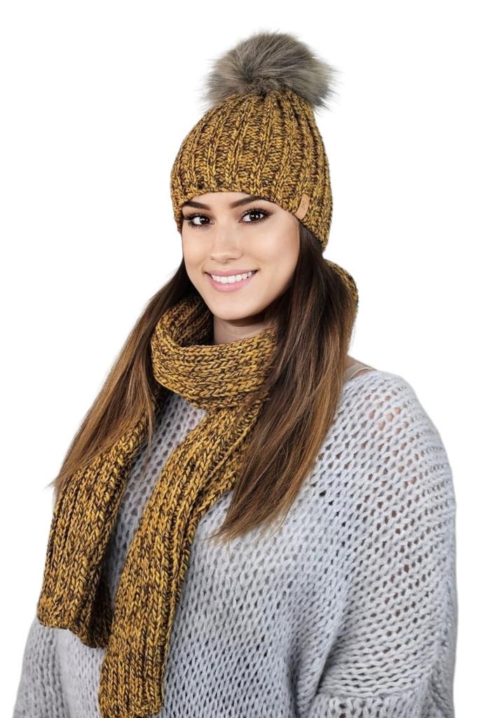 Winter Set Hat with Scarf Vizier with Pompom Mustard Color