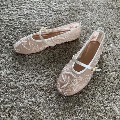 Design con ricamo in rete e perline Stringa Scarpe da ballo da donna Fibbia alla moda Scarpa Mary Jane traspirante Comfort Tacco basso Sandalo piatto morbido