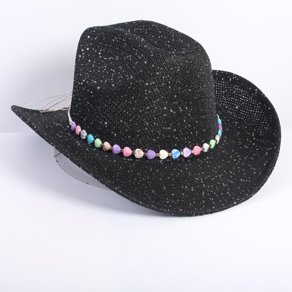 Popular European and American classic western denim straw hat, men's and women's fashion outdoor sunscreen sequined straw hat