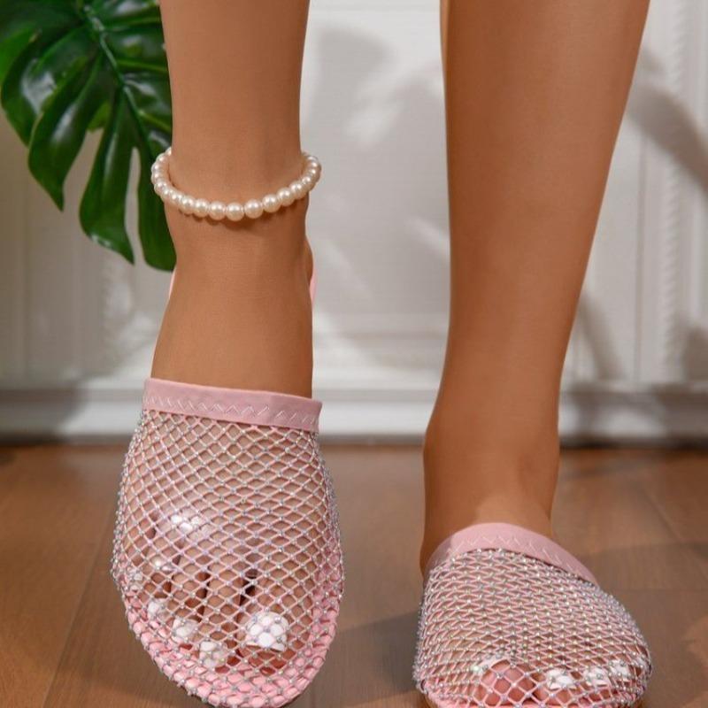2026 New Women's Closed Toe Slippers Breathable Rhinestone Fishnet Flat Beach Roman Shoes