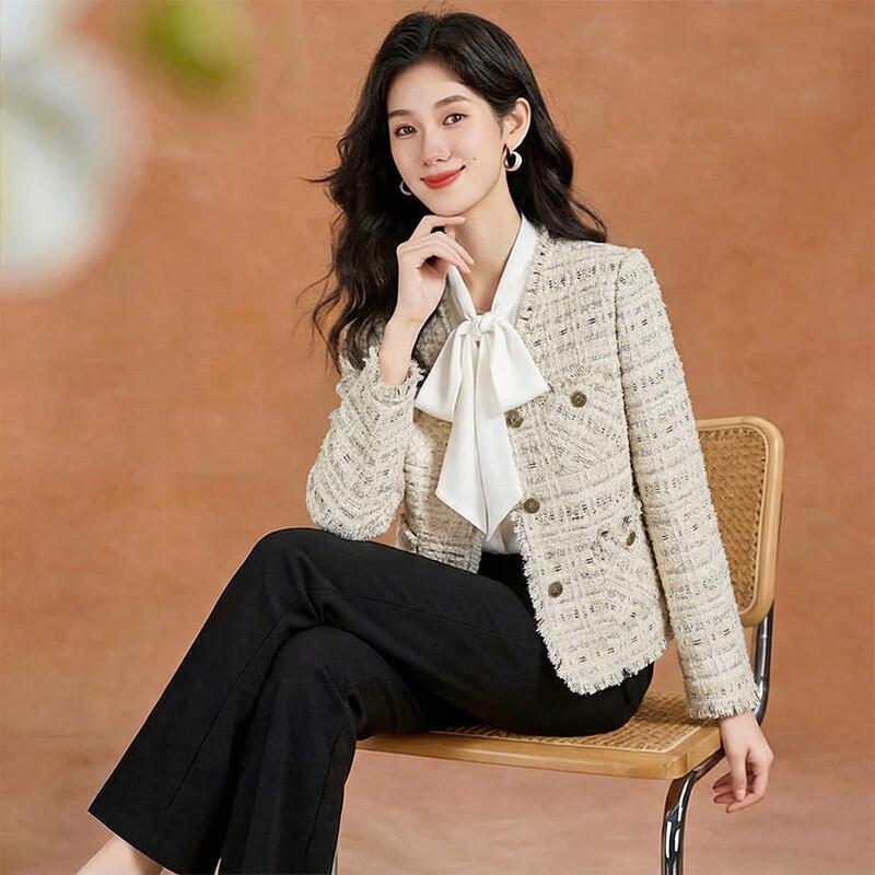 Kebiere Elegant Tweed V-Neck Tassel Jacket M