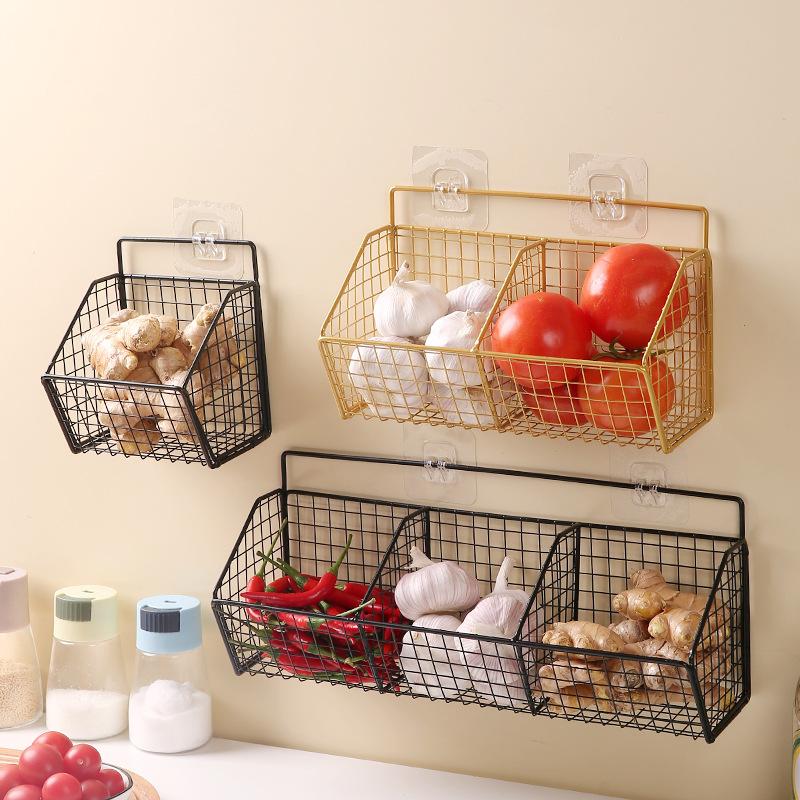 1/2/3 Grid Wall Mounted Kitchen Shelf Organizer Metal Rack Pantry Storage Garlic Ginger Basket Carbon Steel Hanging Wire Basket