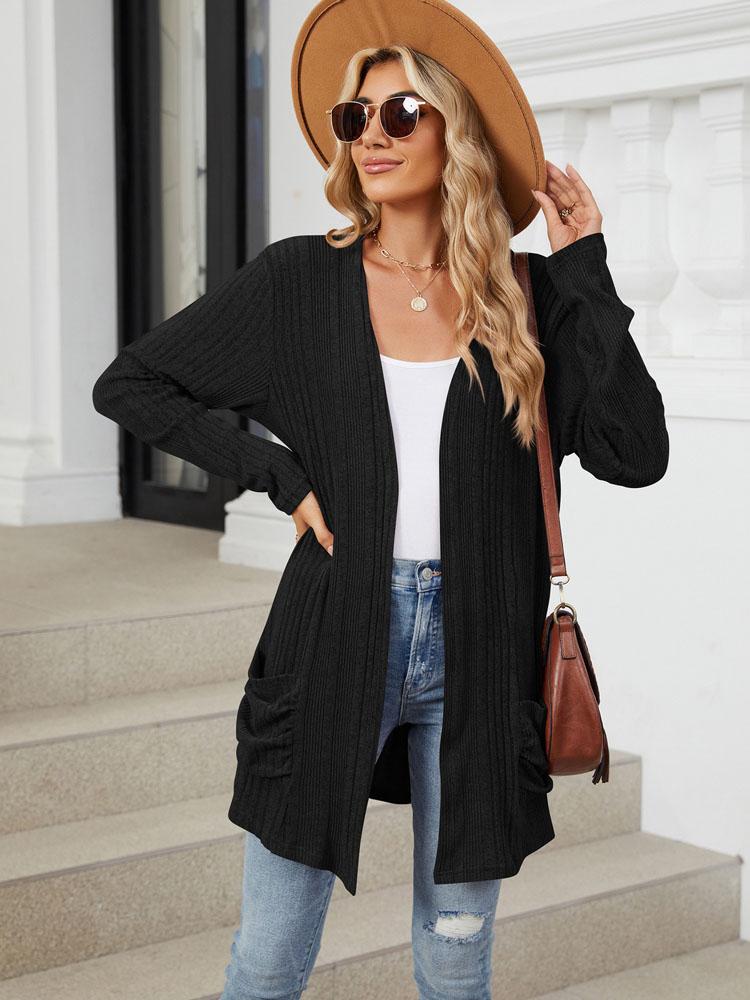 Autumn and Winter New Pit Stripes Long-sleeved Pockets Casual Solid Color Cardigan Jacket Long Cardigan Women Tops Kawaii Sweater
