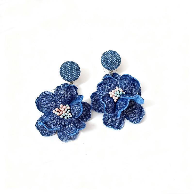 Pearl and Denim Flower Earrings for Women - Elegant and Versatile Studs