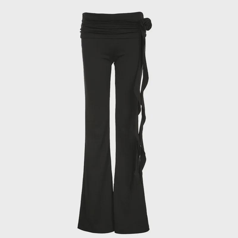 

Расклешенные брюки с заниженной талией и розовой лентой - темный стиль с плиссированным дизайном Large чёрный