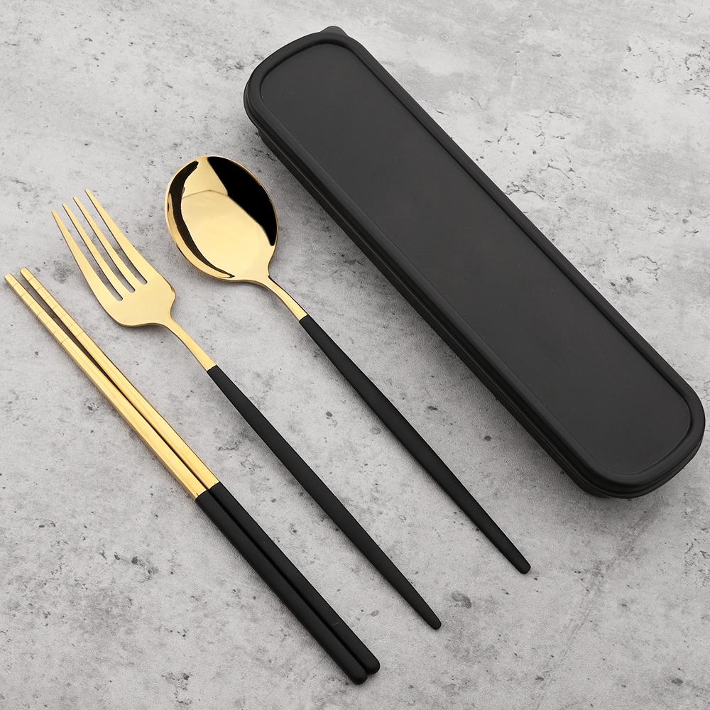 Gold Geschirr Set Reise Camping Besteck Gabel Löffel Stäbchen Set Geschirr Mit Tragbare Box Edelstahl Besteck Set