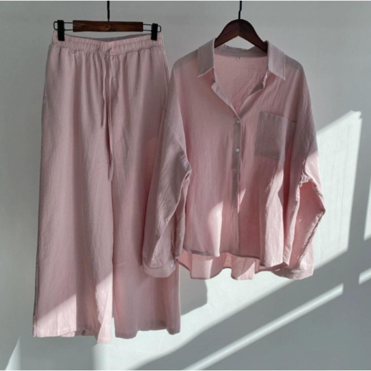 

Хлопок и Лен Ретро Большой Размер Женский Свободный Комплект из Брюк и Рубашки для Женщин 3XL розовый