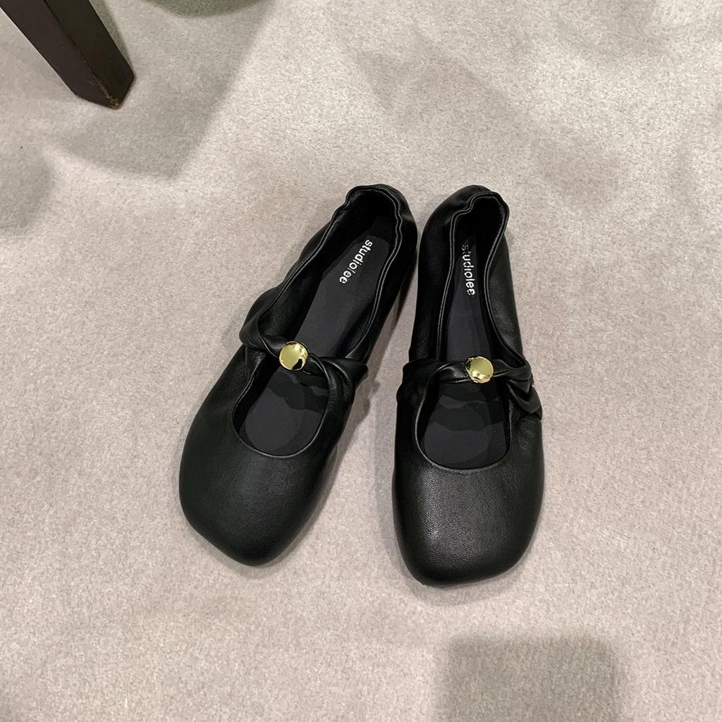 Sheepskin Version~ Grape Mother, the Same Kinked Small Gold Buckle Apple Head Soft Waxy Flat-soled Single Shoes Women's Shallow Mouth Mary Jane Shoes