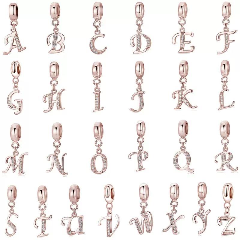 925 Silver Rose Gold Plated Zircon DIY A-Z Letter Pendant Charms for Necklace & Bracelet-Trendy Everyday Wear