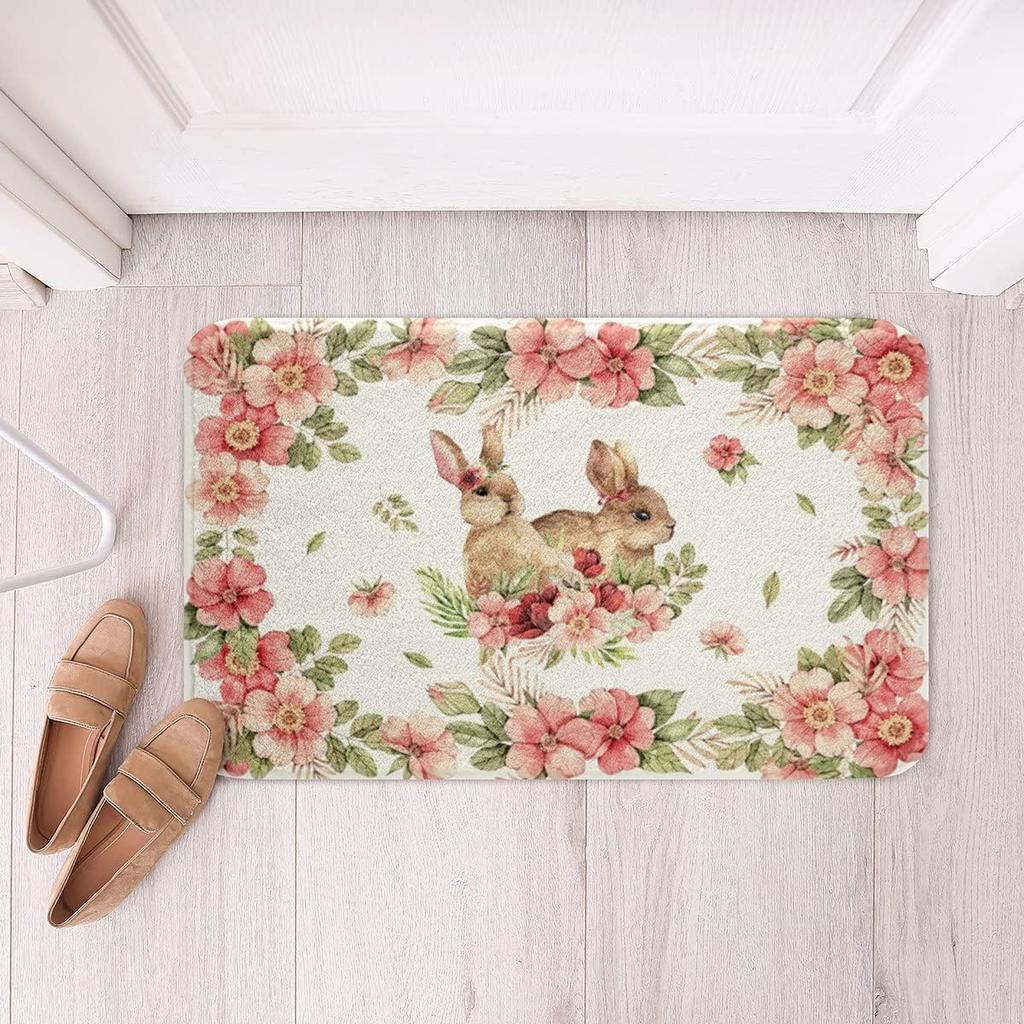 Cute Rabbit Carpet Kawaii Cartoon Bunny Rug for Boys Girls Lovely Animal Easter Rabbit Door Mat Non Slip Spring Flowers Bath Mat