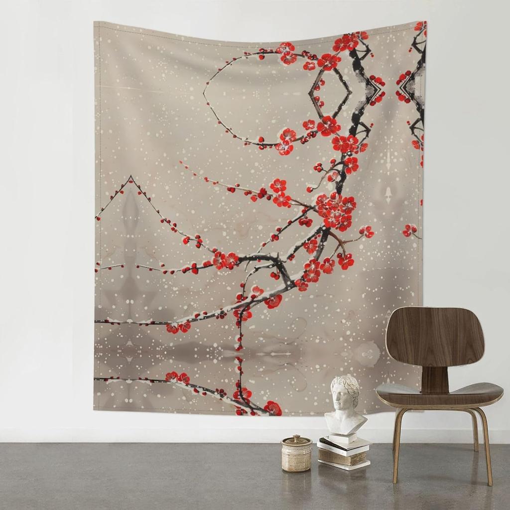 Tapestry se zimním květem švestky, Tradiční čínská červená květinová závěsná dekorace na zeď se sněhem pro Zen a estetickou domácí výzdobu