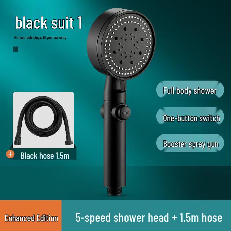 Five-Speed Frosted Black Shower Head & Booster Hose Set