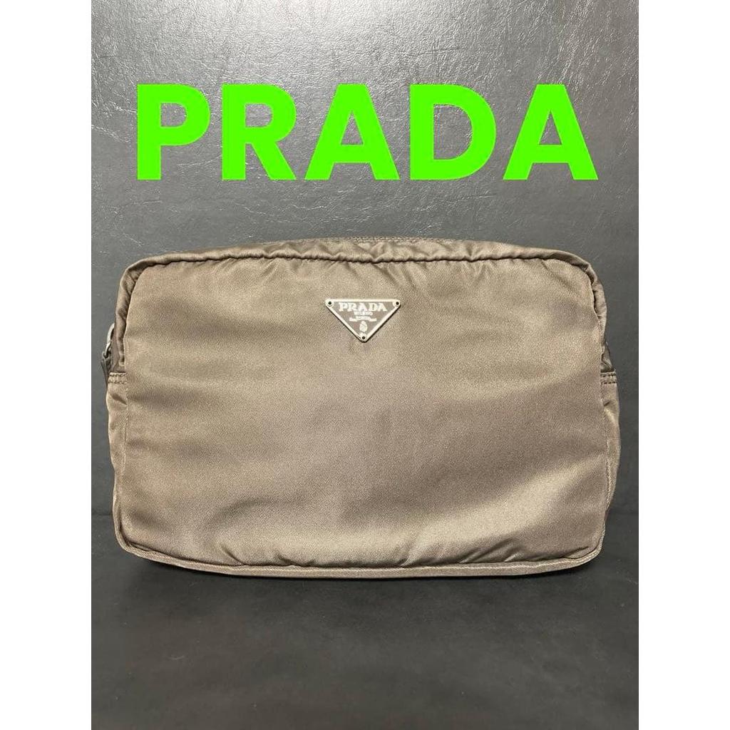 Used PRADA Nylon Tessuto Pouch Greige Cosmetic