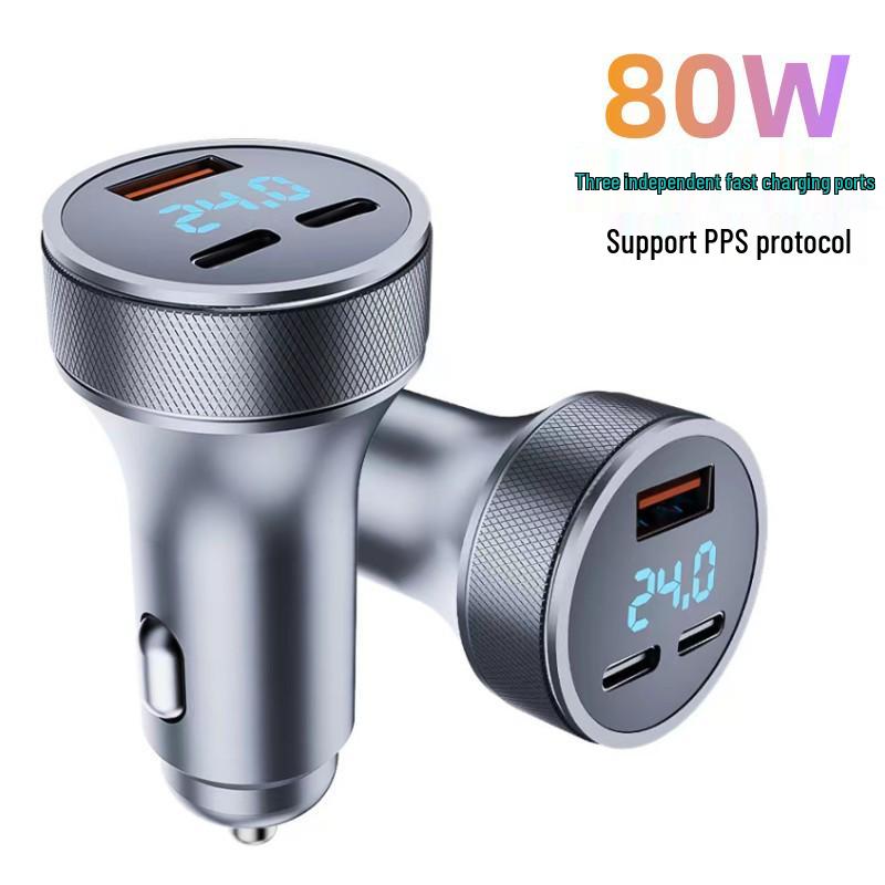 Metal Dual USB+Type-C Car Charger with Fast Charging for Huawei & Apple