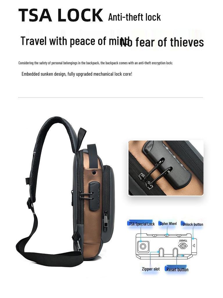 Men's Single Shoulder Crossbody Bag with Combination Lock and USB Port