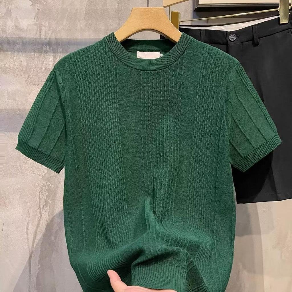 Męski letni T-shirt z dzianiny z krótkim rękawem, dopasowany krój slim fit, okrągły dekolt z lodowego jedwabiu