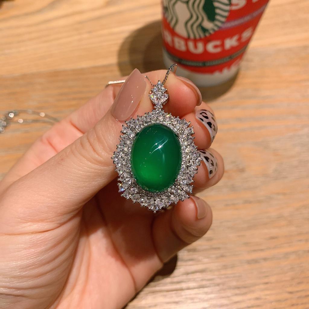 Jewelry Dan-Shaped Chalcedony Plain Surface Full Diamond Inlaid Ring Pendant Set Main Stone 15 * 20