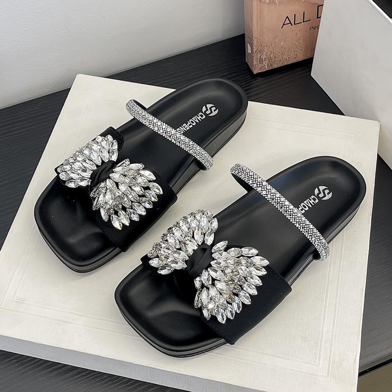 2025 New European Flat-bottomed Bow Rhinestone Slippers Women's Cross with Satin Open-toed Fashion Outer Slippers